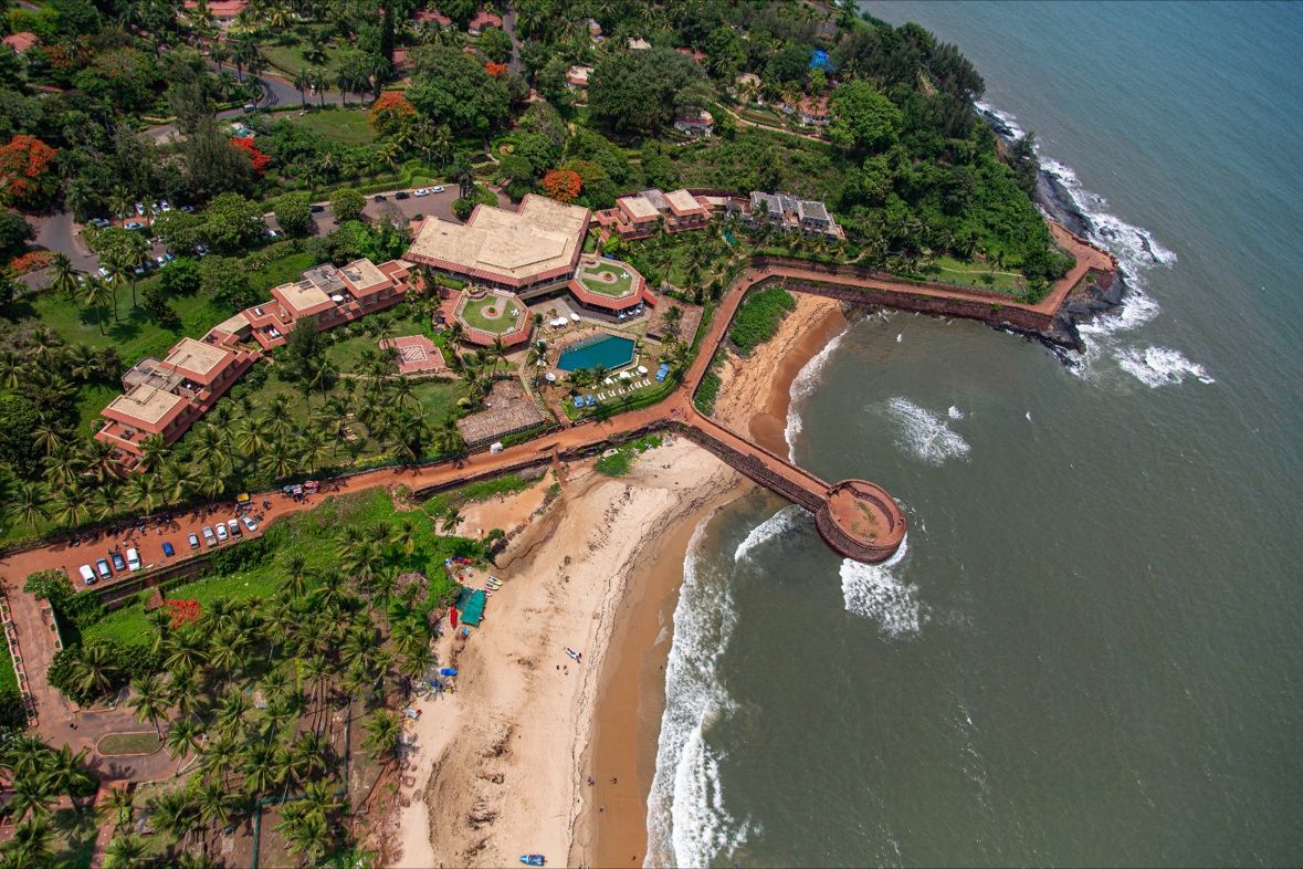 Fort Aguada stands as a timeless testament to Goa’s rich history and architectural heritage, captivating aerial observers with its imposing presence and enduring charm.
